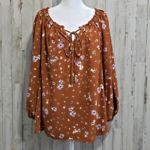 Sanctuary Rust Burnt Orange Floral Peasant Tie Neck Balloon Sleeve Blouse XL
